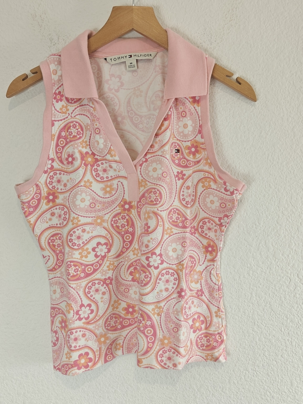 VTG Tommy Hilfiger Y2K Pink Paisley Sleeveless Polo Top Preppy Coquette Tank M